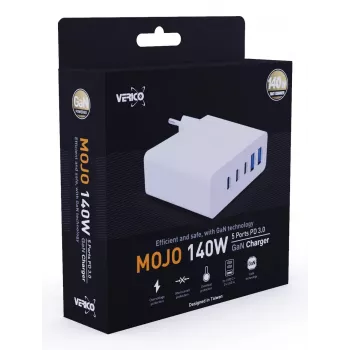 Verico MOJO GaN 140W daudzportu USB-C un USB-A ātrais lādētājs klēpjdatoriem, viedtālruņiem un planšetdatoriem, balts