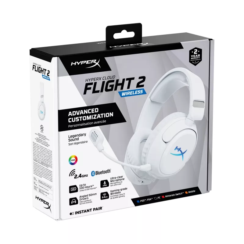 Bezvadu spēļu austiņas KINGSTON HyperX Cloud Flight 2 ar USB-C un Bluetooth, balta