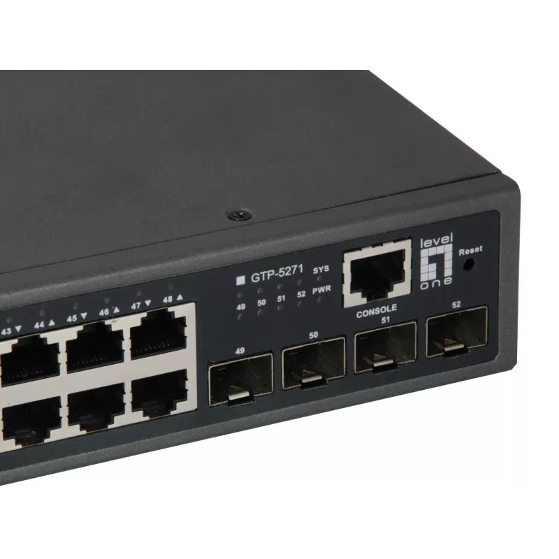 LevelOne GTP-5271 52-Portu L3 Lite Pārvaldāms Gigabit PoE Slēdzis, 4 x 10GbE SFP+, 48 PoE Porti, 400W PoE Budžets