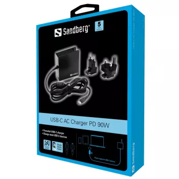 Sandberg USB-C PD AC lādētājs 90W EU+UK, iekštelpām, AC, 20.2 V, 4.5 A, 1.8 m, Melns