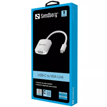 Sandberg USB-C uz VGA Link, USB Type-C, VGA (D-Sub), vīrietis, sieviete, 1920 x 1080 (HD 1080), 2048 x 1152, 1080p