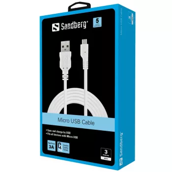 Sandberg MicroUSB sinhronizācijas un uzlādes kabelis 3m, USB A – Micro-USB B, balts