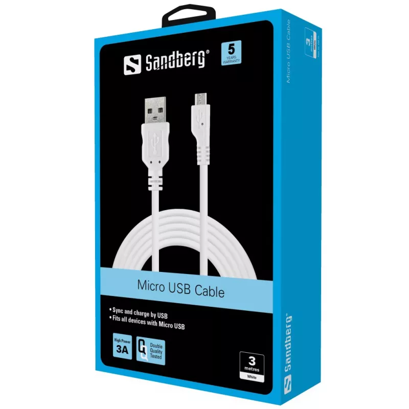 Sandberg MicroUSB sinhronizācijas un uzlādes kabelis 3m, USB A – Micro-USB B, balts