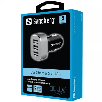 Sandberg Multi Car Charger 3xUSB, auto, cigarešu šķiltavas, USB, 5 V, melns, sudrabs