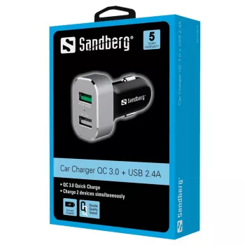 Sandberg auto lādētājs 1xQC 3.0+1xUSB 2.4A, 12 V, alumīnijs, melns