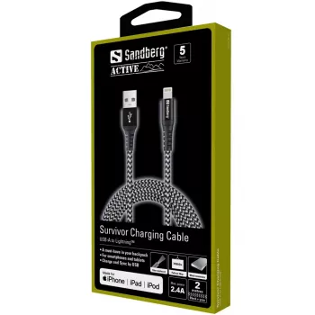 Sandberg Survivor Lightning kabelis 2M, 2 m, Lightning, USB A, vīrietis, vīrietis, melns, pelēks