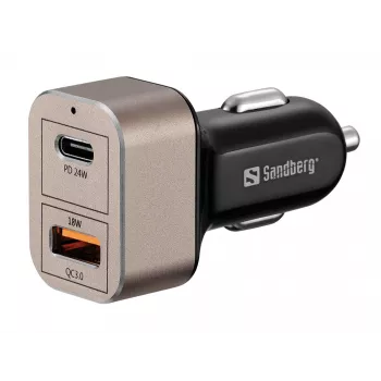 Sandberg Auto lādētājs 1xQC3.0+1xUSBC 24W, 12 V, Melns/Pelēks