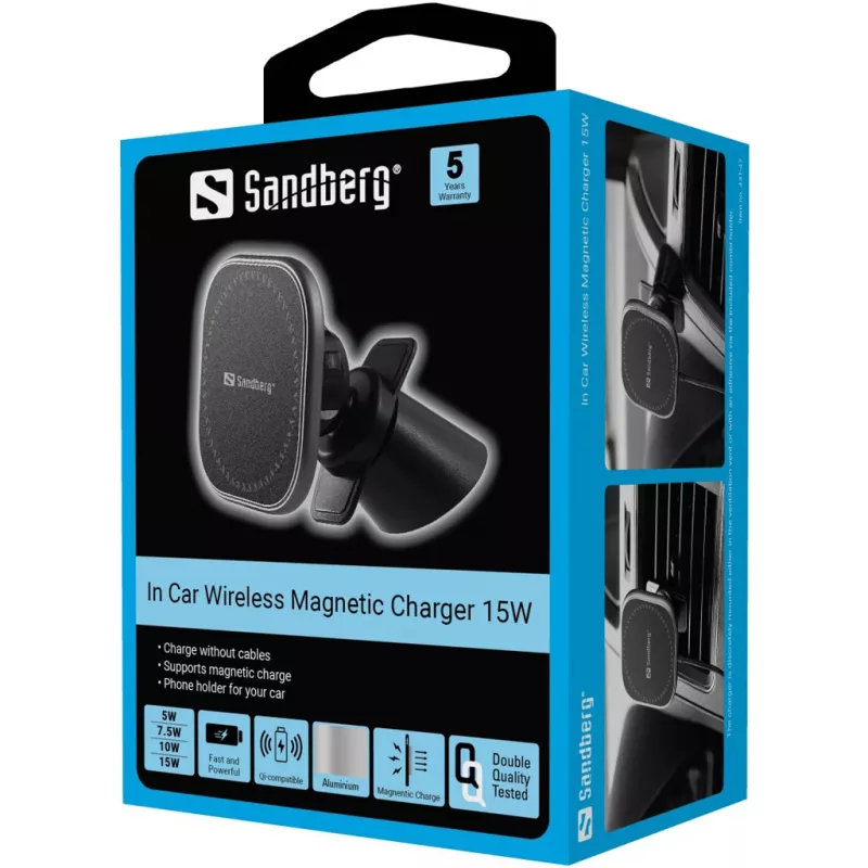 Sandberg In Car Magnetic Wireless Charger 15W, automobiļa bezvadu lādētājs ar magnētu, USB, 1,2 m, melns