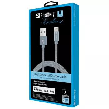 Sandberg Excellence Lightning Grey 1m, 1 m, Lightning, USB A, Pelēks, Taisns, Taisns