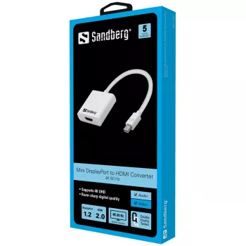 Sandberg Adapter MiniDP 1.2 > HDMI 2.0 4K60, Mini DisplayPort, HDMI, vīrietis, sieviete, 3840 x 2160 pikseļi, 6 Gbit/s