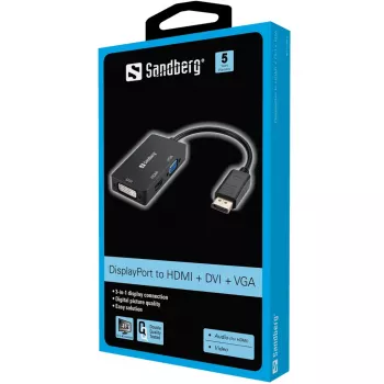 Sandberg Adapter DP>HDMI+DVI+VGA, 0.19 m, DisplayPort, VGA (D-Sub)+ HDMI + DVI, vīrietis, sieviete, 3840 x 2160 pikseļi