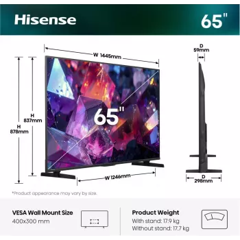 Hisense 65E7S PRO televizors 165,1 cm (65 collas) UHD+ QLED Smart TV melns 350 cd/m²
