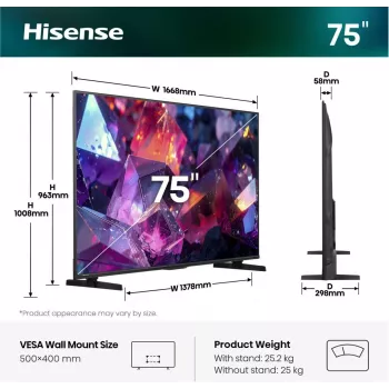 Hisense 75E7S PRO televizors 190,5 cm (75 collu) UHD+ QLED Smart TV Wi-Fi Melns 350 cd/m²