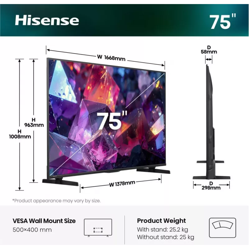 Hisense 75E7S PRO televizors 190,5 cm (75 collu) UHD+ QLED Smart TV Wi-Fi Melns 350 cd/m²