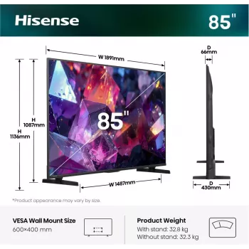 Hisense 85E7S PRO televizors 2.16 m (85 collas) UHD+ QLED Smart TV Wi-Fi Melns 400 cd/m²