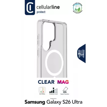 Cellularline Clear Mag - Galaxy S26 Ultra, Īpaši izturīgs caurspīdīgs maciņš ar gumijas malu, Qi2 un magnētisko aksesuāru atbalsts, pret dzeltēšanu