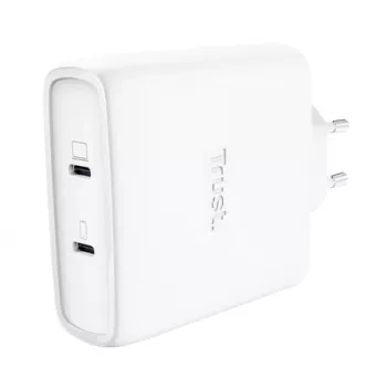 Lādētājs TRUST Maxo 100W 2-Port USB-C GaN — 100 W, 2x USB-C, 20 V max, maiņstrāvas iekštelpu, 2 m kabelis, balts