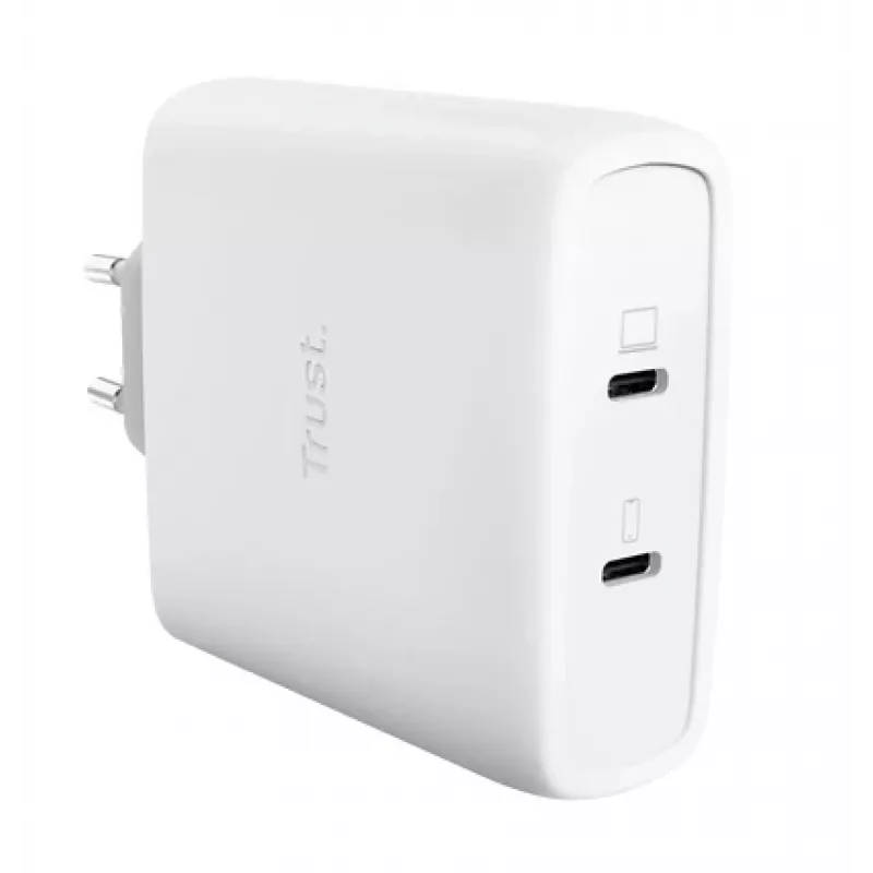 Lādētājs TRUST Maxo 100W 2-Port USB-C GaN — 100 W, 2x USB-C, 20 V max, maiņstrāvas iekštelpu, 2 m kabelis, balts