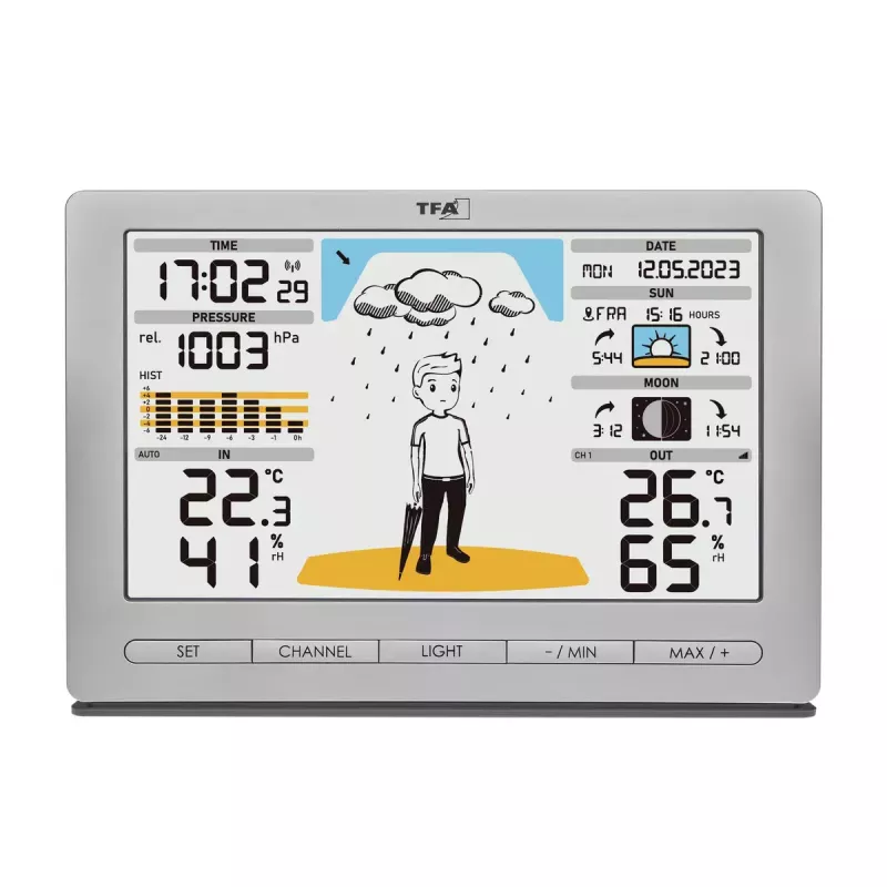 TFA-Dostmann Meteo Jack Silver — bezvadu iekštelpu/āra laika stacija ar termometru, higrometru, barometru