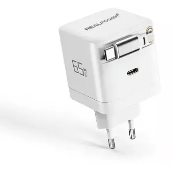 RealPower GaN Lādētājs 65W, 65 vati, divi USB-C porti, balts
