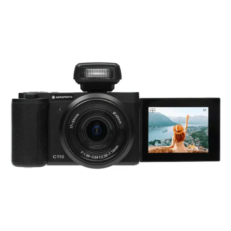 Kompaktkamera AgfaPhoto Realishot C110 — 24 MP, 1/3.06 collu CMOS, 3x optiskais tālummaiņas objektīvs, 4K, Wi‑Fi, 2.8 collu skārienekrāns, melna