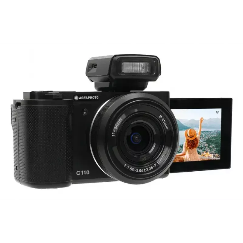 Kompaktkamera AgfaPhoto Realishot C110 — 24 MP, 1/3.06 collu CMOS, 3x optiskais tālummaiņas objektīvs, 4K, Wi‑Fi, 2.8 collu skārienekrāns, melna