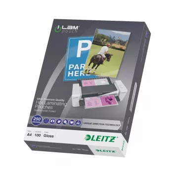 Laminēšanas kabatiņas LEITZ iLAM UDT 222 × 309 mm spīdīgas caurspīdīgas, EVA/PET, iepakojumā 100 gab.