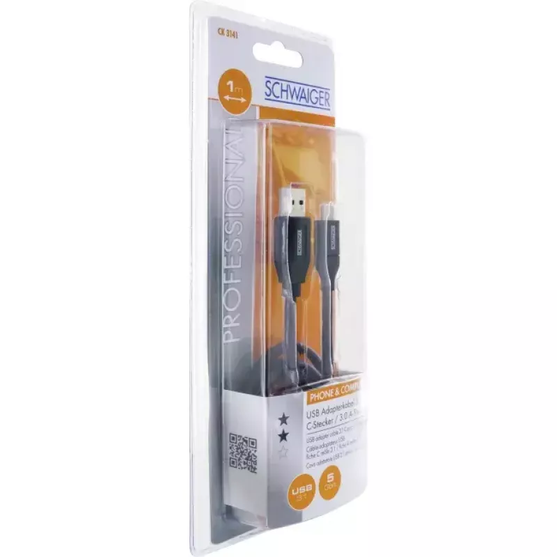 USB kabelis Schwaiger CK 3141 USB 3.2 Gen 1 1m USB A USB C Melns