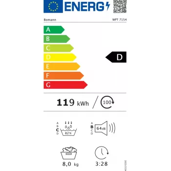 BOMANN WPT7154T Brīvi stāvošs priekšējās ielādes siltumsūkņa žāvētājs, 8 kg, Melns/Pelēks, 64 dB, energoklase D