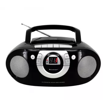 Pārnēsājama stereo sistēma Soundmaster SCD5100SW — analogais FM uztvērējs 87.5–108 MHz, CD/MP3 atskaņotājs, 1 W RMS, LED displejs, melna