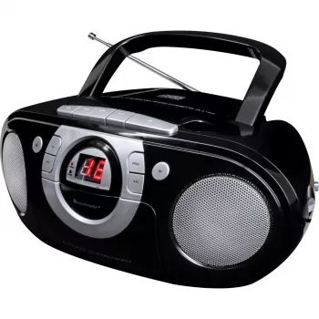 Pārnēsājama stereo sistēma Soundmaster SCD5100SW — analogais FM uztvērējs 87.5–108 MHz, CD/MP3 atskaņotājs, 1 W RMS, LED displejs, melna