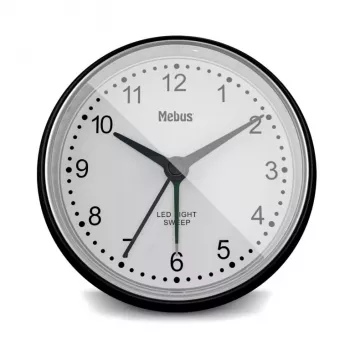 Mebus 25806 apaļš kvarca modinātājpulkstenis, melns/balts, analogs, AA baterija