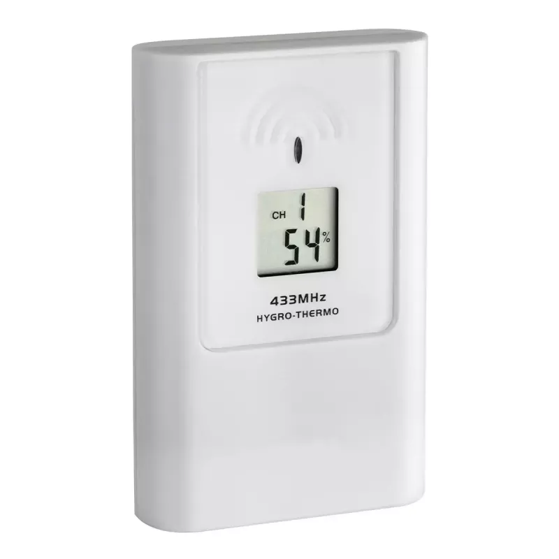 Laika stacija tfa dostmann Casa White LCD — iekštelpu/āra, bezvadu 0.433 GHz, AA 1.5 V, 141×100×48 mm