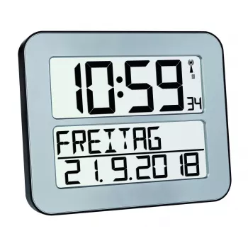 Digitālais modinātājpulkstenis TFA 60.4512.54 — taisnstūrveida, sudraba krāsā, plastmasas korpuss, barošana ar AA bateriju