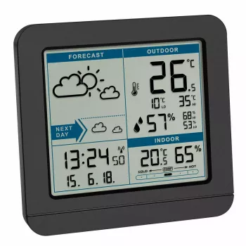 Laikapstākļu displejs TFA Dostmann Sky Black LCD, bezvadu termometrs-higrometrs (iekštelpām/ārtelpām, 0.433 GHz, AAA)