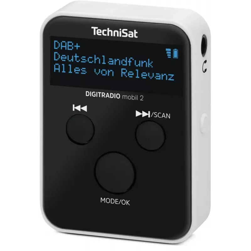 Portatīvais radio TECHNISAT DIGITRADIO mobil 2 — DAB+ / FM, OLED 0,91 collas, 3,5 mm, USB-C, Li-Ion 500 mAh, Melns/Balts