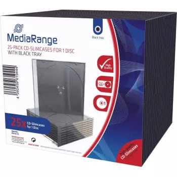 Plāns CD korpuss MediaRange BOX32-25 — viena diska plastmasas korpuss ar melnu paliktni, 25 iepakojumā