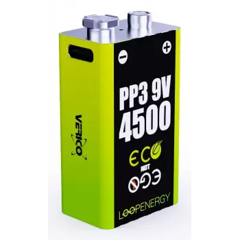Atkārtoti uzlādējams 9V akumulators VERICO LoopEnergy PP3 4500 — Li-Ion, 2 gab., 500 mAh, USB-C uzlāde