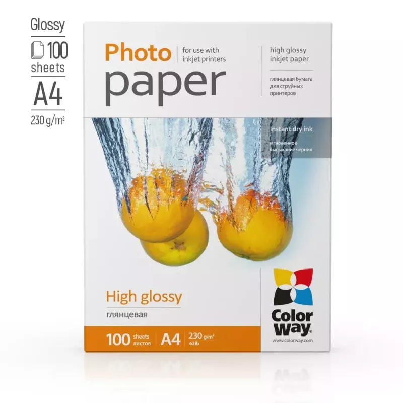 Foto papīrs A4 ColorWay PG230100A4 — spīdīgs 230 g/m², 100 loksnes, balts