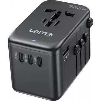 Ceļojumu lādētājs Unitek P1123ABK01 — Unitek PD 100W, vairākreģionu EU/US/UK/AUS spraudnis