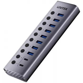USB centrmezgls Unitek H1315B01-EU — 10 porti 5Gbps ar individuāliem portu slēdžiem