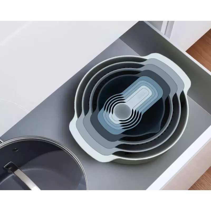 Joseph Joseph Nest Stack 9 priekšmetu komplekts, zils/pelēks, 4.5L bļoda, 1.65L sietiņš