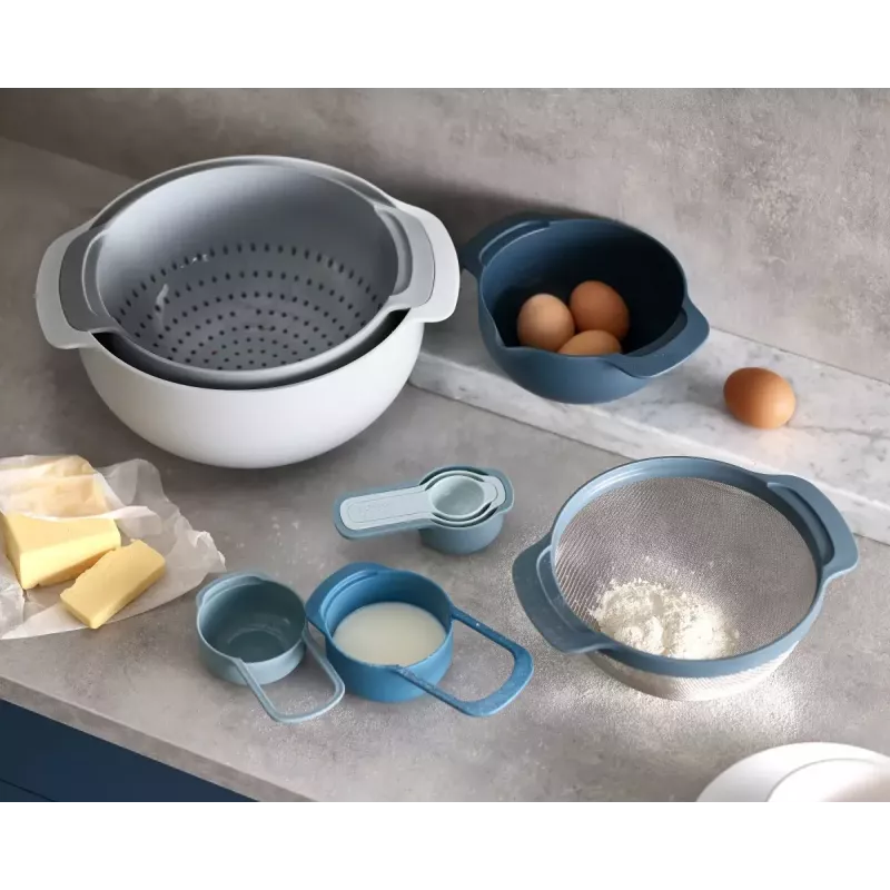 Joseph Joseph Nest Stack 9 priekšmetu komplekts, zils/pelēks, 4.5L bļoda, 1.65L sietiņš