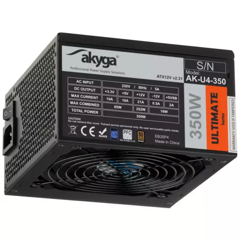 Akyga AK-U4-350 Ultimate 350 W ATX barošanas bloks, 80 PLUS Bronze, aktīvais PFC, 120 mm ventilators