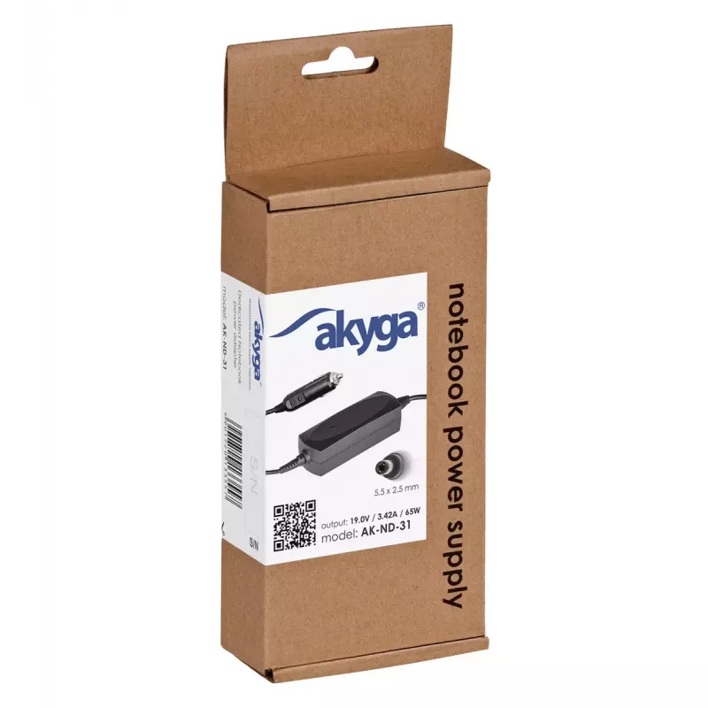 Akyga AK-ND-31 auto barošanas adapteris Asus / Toshiba klēpjdatoriem, 65 W, 19 V / 3,42 A, 5,5 x 2,5 mm, 12 V ieeja