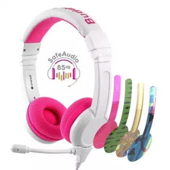 BuddyPhones School+ vadu galvas austiņas bērniem, 20–20000 Hz, 1.4 m kabelis, rozā/balta