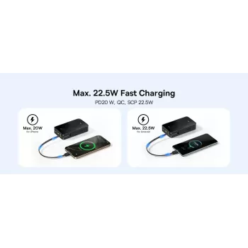 Power bank Baseus EnerFill Bipow2 Pro 20000 mAh, PD 3.0 & QC 3.0, 22.5W, 1×USB-A + 1×USB-C, Melns, līdz 3 ierīcēm