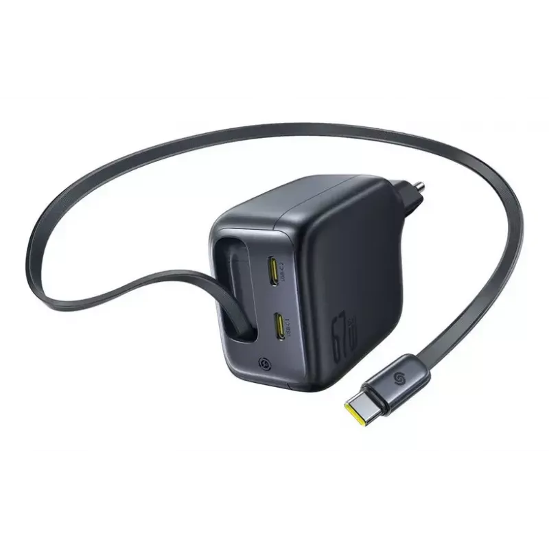 Lādētājs Baseus EnerCore CJ11 Fast Charger 3C 67W — 3× USB-C, iebūvēts kabelis, melns