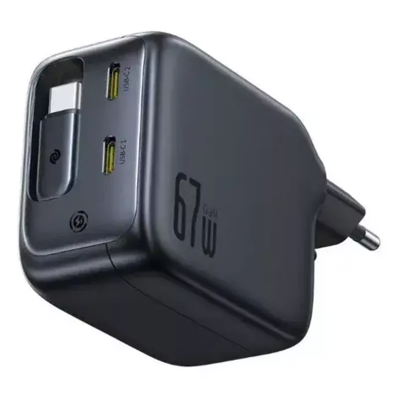 Lādētājs Baseus EnerCore CJ11 Fast Charger 3C 67W — 3× USB-C, iebūvēts kabelis, melns