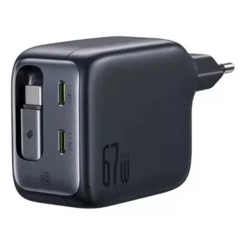 Lādētājs Baseus EnerCore CJ11 Fast Charger 3C 67W — 3× USB-C, iebūvēts kabelis, melns